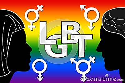 LGBT movement banner, d, white letters LGBT inside heart. Lesbian, gay, bisexual, and transgender sex symbols. Woman and Vector Illustration