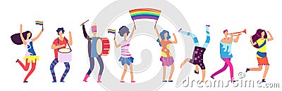 Lgbt parade. People holding rainbow flag. Gay love pride, sexual discrimination protest vector concept Vector Illustration