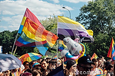 LGBT parade, pride month in Warsaw. Polish and Ukrainian activists march for LGBTQ rights, Equality Parade. Warsaw Editorial Stock Photo