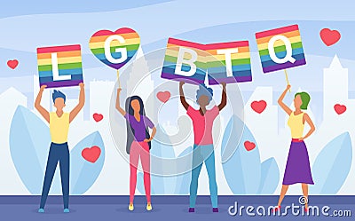 LGBT pride activism concept vector illustration, cartoon flat activists people holding symbol of LGBT community, rainbow Vector Illustration