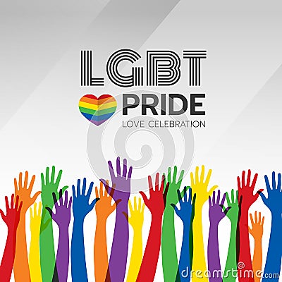 LGBT pride celebration banner with abstract group of colorful hand and rainbow heart sign vector design Vector Illustration