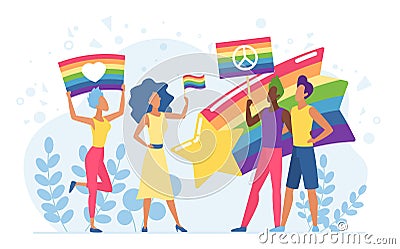 LGBT pride festival vector illustration. Cartoon flat homosexual characters holding rainbow flag and placards on parade Vector Illustration