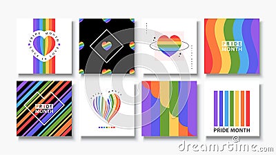 LGBT Pride Month Banners Collection. Set of vector templates square designed with Rainbow colors and Heart shapes for LGBT Pride. Vector Illustration