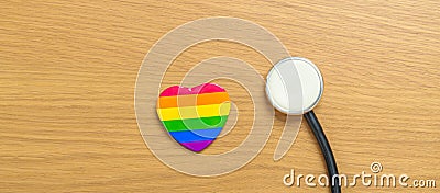 LGBT pride month concept or LGBTQ+ or LGBTQIA+. rainbow heart shape with Stethoscope for Lesbian, Gay, Bisexual, Transgender, Stock Photo