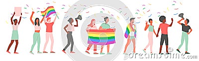 LGBT pride parade. Group of gay, lesbian, bisexual, transgender activists with flags and posters at a street Vector Illustration