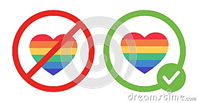 LGBT is prohibited and gay love is allowed vector flat illustrations. Rainbow hearts in crossed out red circle and green Vector Illustration