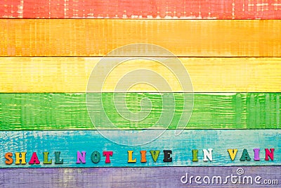 Lgbt rainbow colors wooden background with inscription shall not live in vain Stock Photo