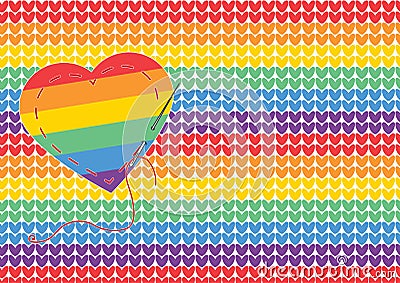 LGBT rainbow knitted illustration with stitched heart, needle and thread. Vector illustration for pride flag, rainbow background. Vector Illustration