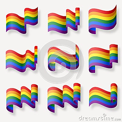 The LGBT rainbow realistic waving flags. Set of colorful flags. Pride month. Symbol of lesbian, gay, bisexual Vector Illustration