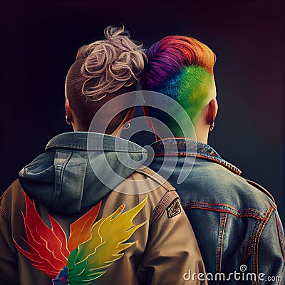 lgbt, same-sex relationships and homosexual concept - close up of hugging male couple wearing gay pride rainbow Stock Photo
