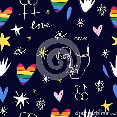 LGBT seamless pattern. Pride, love and peace lettering, rainbow hearts. Gay parade wallpaper. LGBTQ rights symbol. Background, Cartoon Illustration