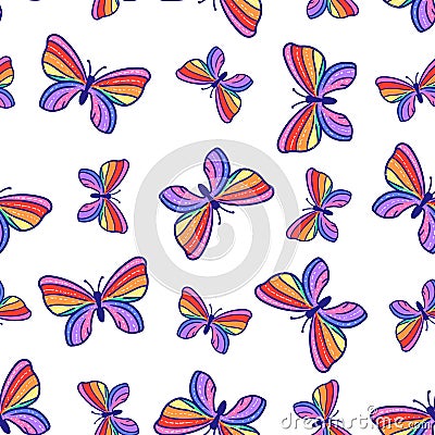 LGBT seamless pattern. Vector rainbow striped butterfly isolated on white background Vector Illustration