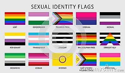 LGBT sexual identity pride flags collection. Rainbow lesbian gay bisexual transgender non binary. Vector Illustration