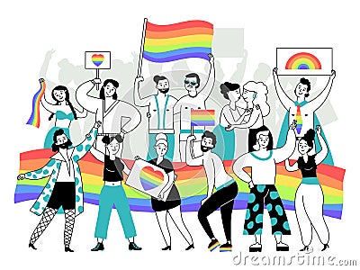 Lgbtq demonstration. Happy lgbt person, couples transgender and gay parade. Women lesbian, bisexual people. Equality Vector Illustration