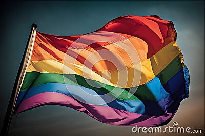 LGBTQ flag waving in the wind at cloudy sky Stock Photo