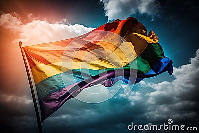 LGBTQ flag waving in the wind at cloudy sky Stock Photo