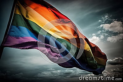 LGBTQ flag waving in the wind at cloudy sky Stock Photo