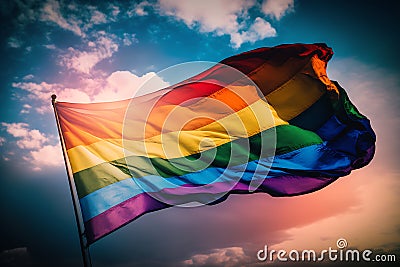 LGBTQ flag waving in the wind at cloudy sky Stock Photo