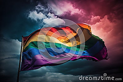 LGBTQ flag waving in the wind at cloudy sky Stock Photo