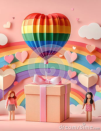 LGBTQ lovers gift box with a large rainbow heart balloon of rainbow colors Cartoon Illustration