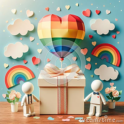 LGBTQ lovers gift box with a large rainbow heart balloon of rainbow colors Cartoon Illustration