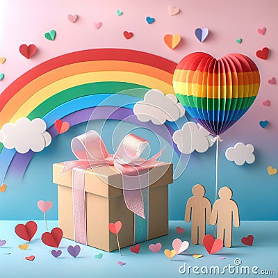 LGBTQ lovers gift box with a large rainbow heart balloon of rainbow colors Cartoon Illustration