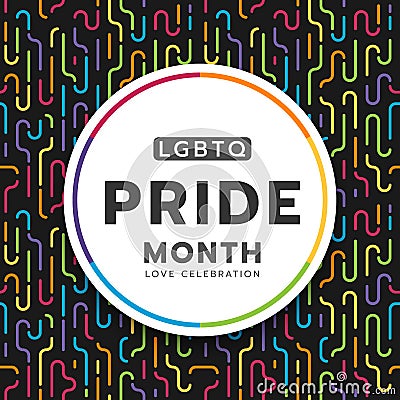 LGBTQ pride month circle banner on colorful rainbow conner curve line dash pattern texture and black background vector design Vector Illustration