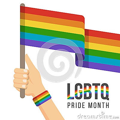 LGBTQ Pride month concept with hand wear Wristband rainbow hold rainbow flag vector design Vector Illustration