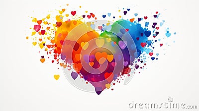 LGBTQ Rainbow made out of hearts and a multicolored heart composed of splashes on a white backdrop Stock Photo