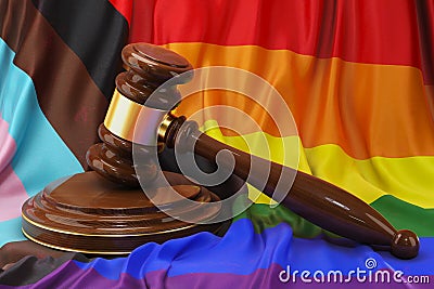 LGBTQ rights concept, wooden gavel with rainbow flag, 3D rendering Stock Photo