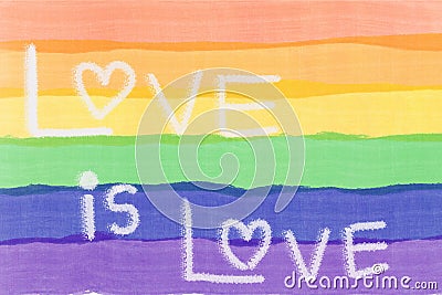 LGBTQ+ sexual diversity concept. Text LOVE is LOVE writing with white shock color on rainbow flag watercolor. Abstract Cartoon Illustration