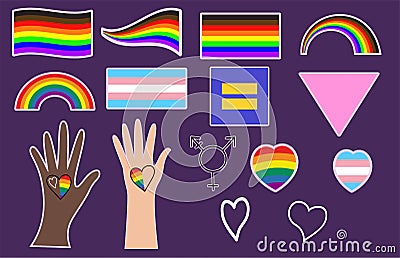 LGBTQ+ symbols Rainbow pride flag Stickers Vector Illustration