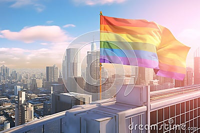 LGTB flag waving on a skyscraper, city cityscape at the background, LGTBQ community rainbow progress flag simbol with bright sun Stock Photo