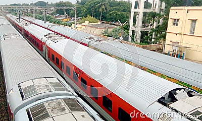 LHB passenger coaches of Indian Railways converted into quarantine/isolation wards for corona virus patients. High angel view. Editorial Stock Photo