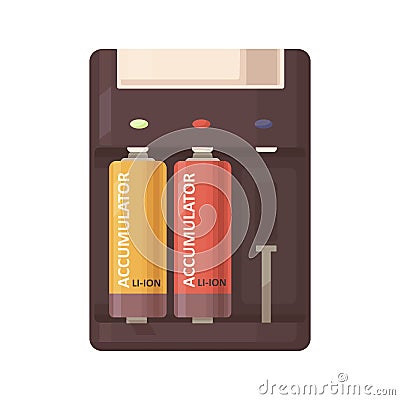 Li-ion cylinder accumulators charged in charger holder, case with slots for rechargeable batteries. Recharger Vector Illustration