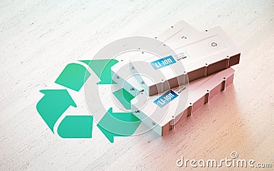 Li-Ion electric vehicle battery recycling concept. Recycle symbol with EV batteries on wooden desk. 3d rendering. Stock Photo