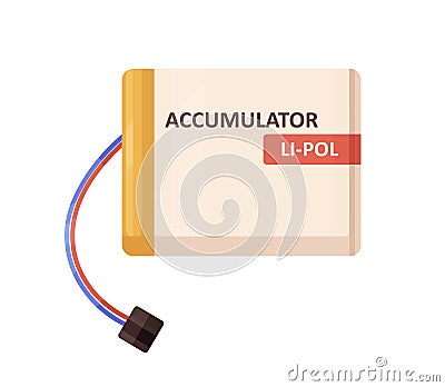 Li-pol lithium polymer accumulator with wires and terminal clamp. Rechargeable lipol battery of rectangle shape for Vector Illustration