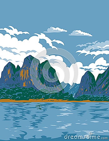 Li River or Li Jiang in Northwestern Guangxi China WPA Art Deco Poster Vector Illustration