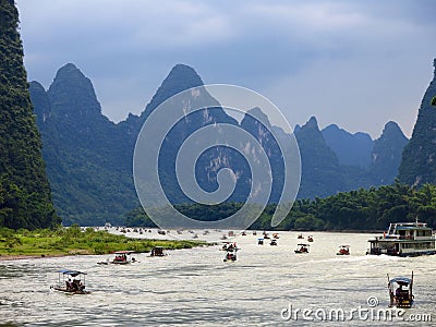 Li river tourists rafts Stock Photo