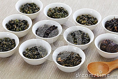 Taiwanese tea assortment : oolong tea, iron goddess tea, pu-erh tea Stock Photo