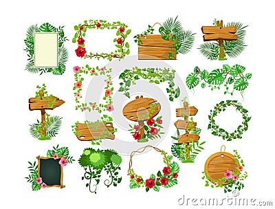 Liana branches frames. Rainforest leaves and tropical liana. Game elements plants of jungle and frames with space for text. Jungle Vector Illustration