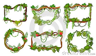 Liana frames. Rainforest thicket frame for game ui, cartoon jungle creeper on branches, creeping rope vines ivy plant Cartoon Illustration