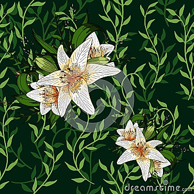 Liana spreads green leaves creeper and lily flower seamless pattern background Vector Illustration