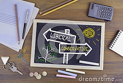 Liberal - Conservative signpost drawn on a blackboard Stock Photo