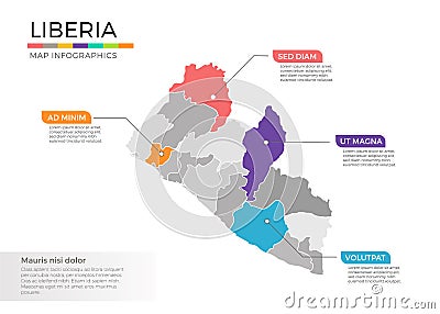 Liberia map infographics vector template with regions and pointer marks Vector Illustration