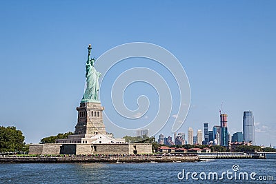 Liberty island with Manhattan as bakground Stock Photo