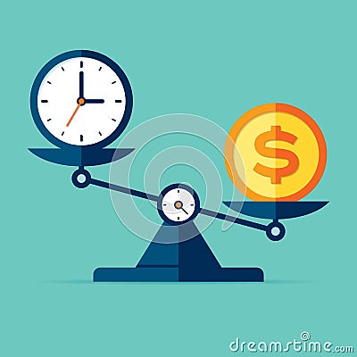 Time is money. Scales icon in flat style. Libra symbol, balance sign. Time management. Dollar and clock icons. Vector design eleme Vector Illustration