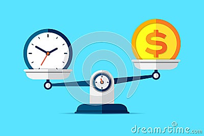 Time is money. Scales icon in flat style. Libra symbol, balance sign. Time management. Dollar and clock icons. Vector design eleme Vector Illustration