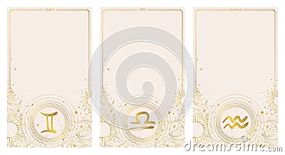 Libra, Aquarius, Gemini, astrological air zodiac signs, set of vintage story cards with copy space for text, boho design Vector Illustration