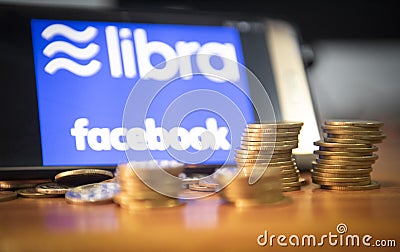 Libra coin blockchain concept / New project libra a cryptocurrency launched by Facebook looks to mainstream digital currency Editorial Stock Photo